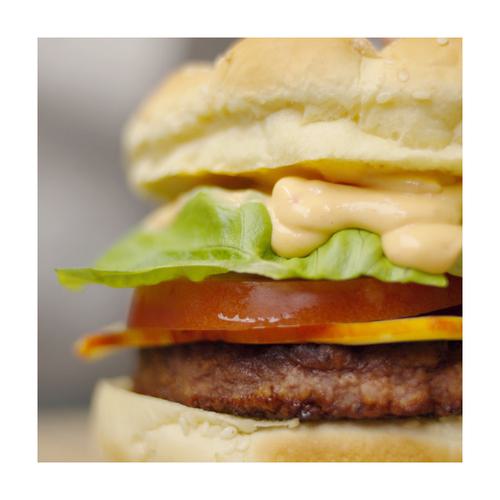 Close-up of a juicy plant-based burger with grill marks.